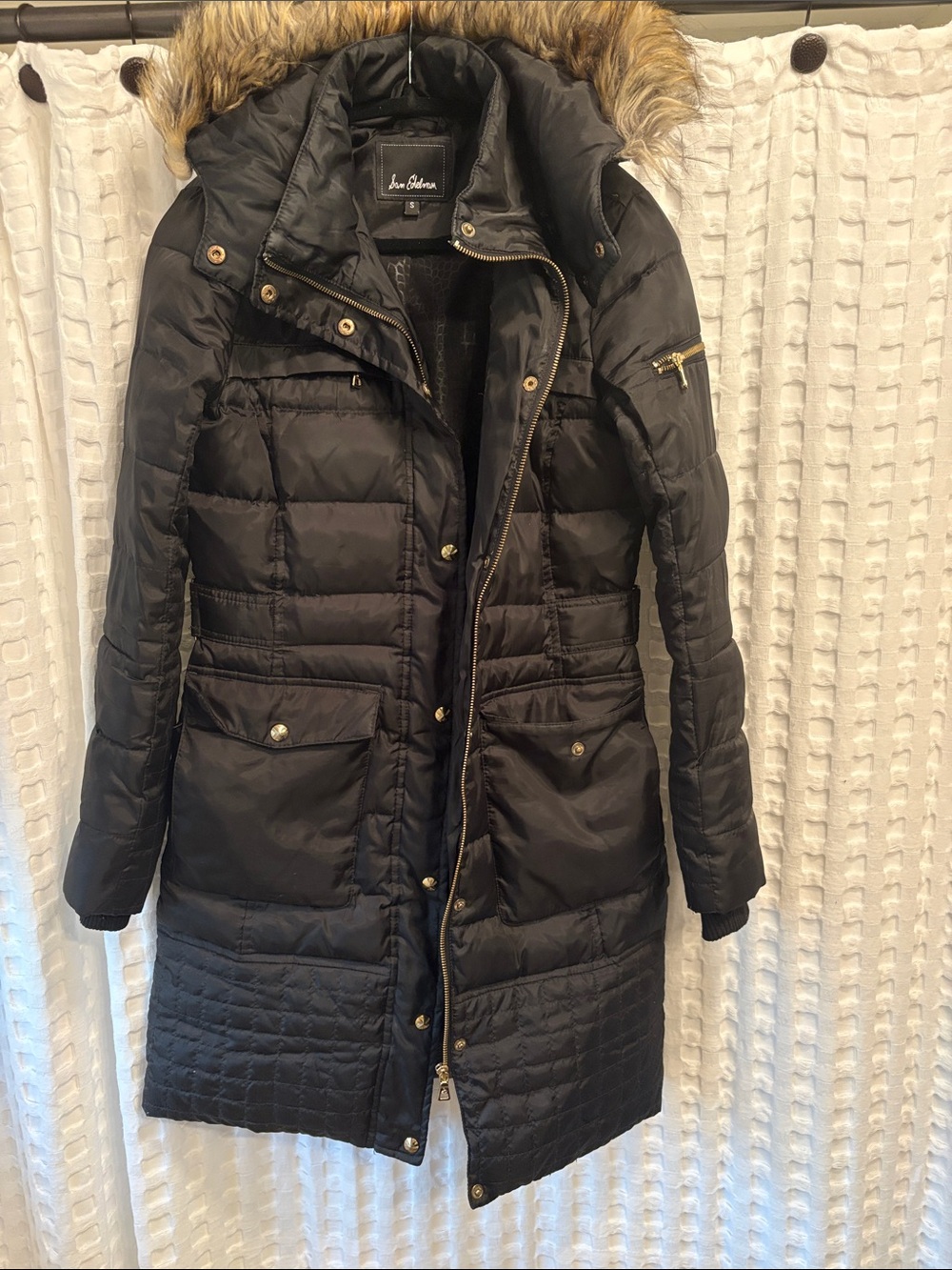 Sam Edelman Black Quilted Long Puffer Coat with Faux Fur Hood